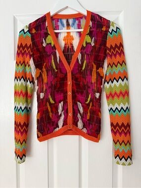Missoni Multicolor Chevron Knit Cardigan with Orange Trim
